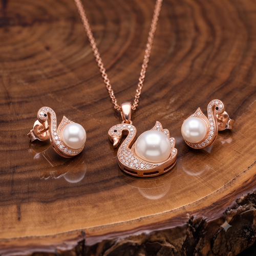 Graceful Swan Rose Gold Pearl Jewelry Set